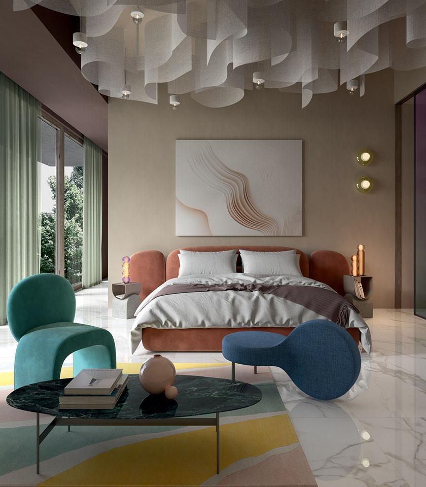 Modernes Schlafzimmer mit Marmoroptik, Designmöbeln und raffinierten Details für ein elegantes und stilvolles Ambiente.