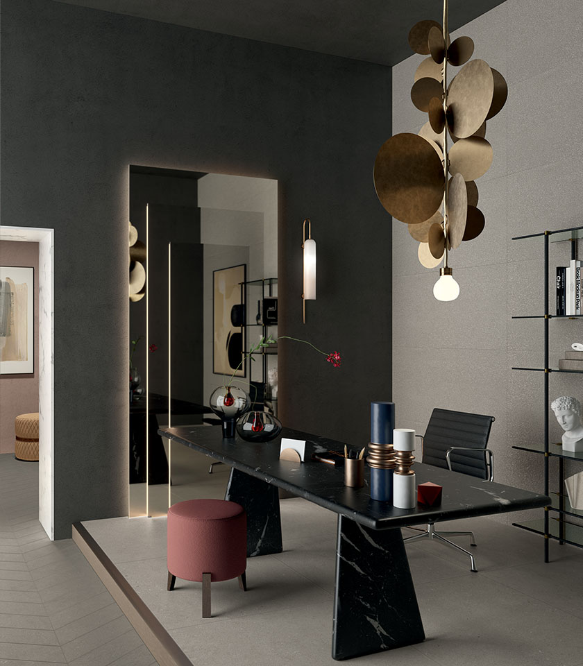 Intense Perle interpretiert Materialität mit zeitgemäßer Eleganz und schafft raffinierte, vielseitige Keramikoberflächen für anspruchsvolle Interieurs.