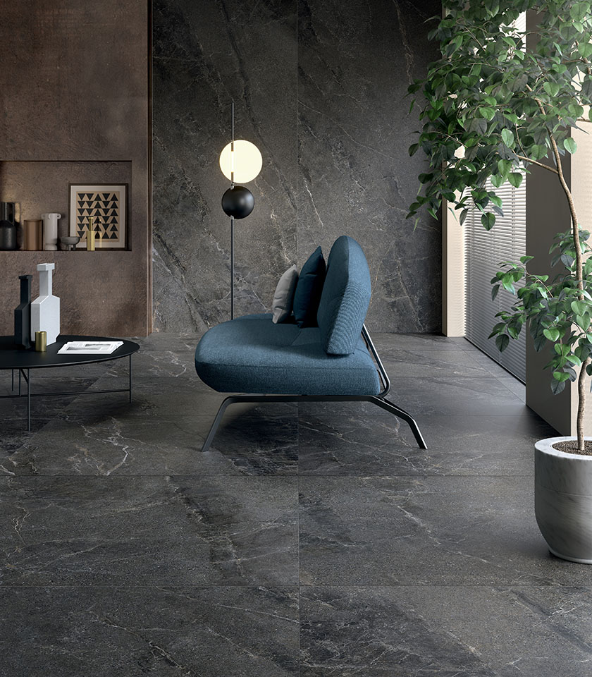 Entdecken Sie Ideen für ein modernes Wohnzimmer mit Steinoptik-Oberflächen von Lea Ceramiche für elegante, ausdrucksstarke Räume mit starker visueller Wirkung.