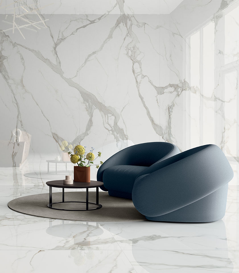 Entdecken Sie Ideen für ein modernes Wohnzimmer mit Marmoroptik-Oberflächen von Lea Ceramiche für helle, elegante Räume mit eindrucksvoller Wirkung.