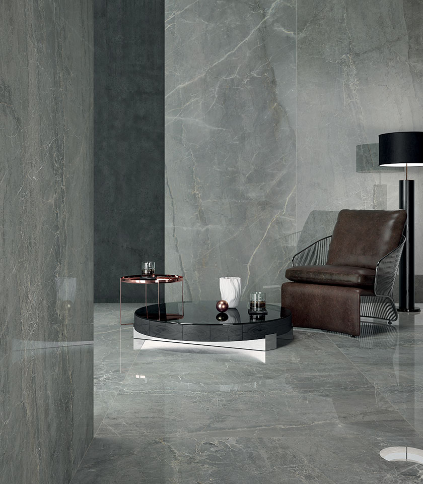 Entdecken Sie Ton sur Ton mit Marmoroptik-Oberflächen von Lea Ceramiche in raffinierten Grautönen für elegante, harmonische und moderne Innenräume.