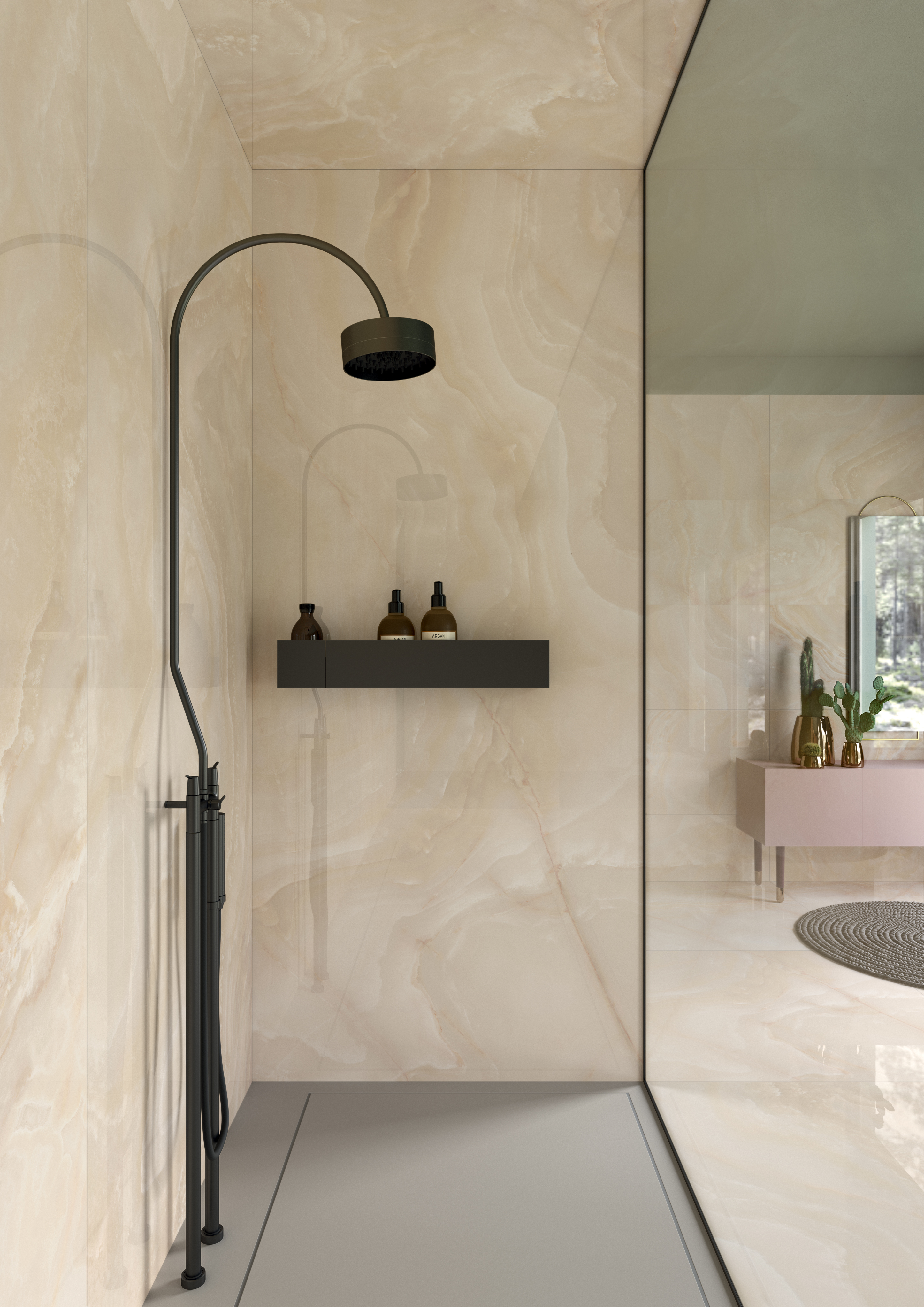 Modernes Badezimmer mit Noblesse Onyx Oyster von Lea Ceramiche: Oberflächen in warmer Onyxoptik für ein helles, elegantes und behagliches Ambiente.
